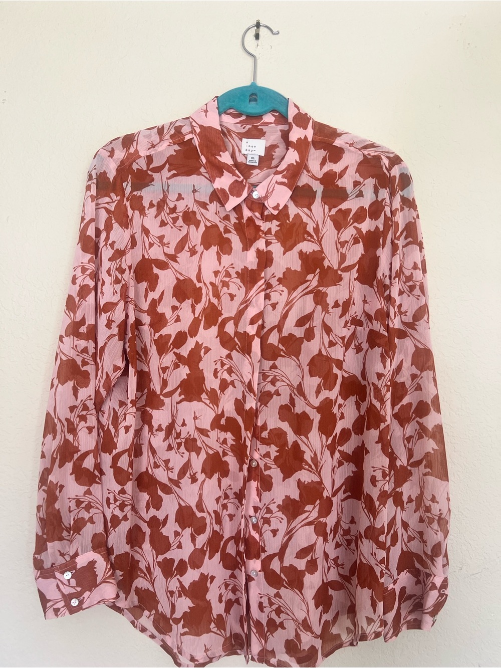 A New Day Pink Floral Sheer Button Front Blouse XL
